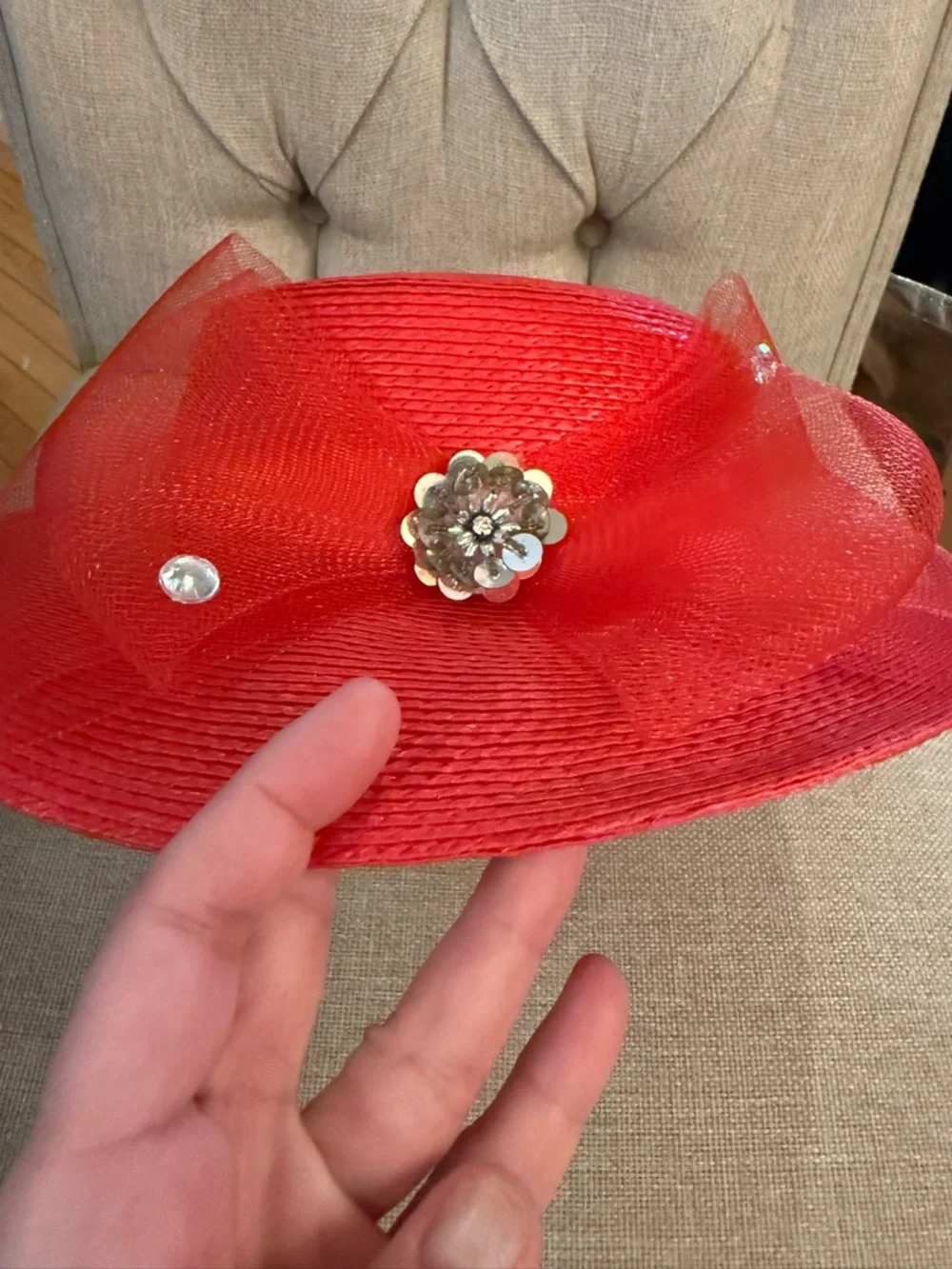 Red Decorative Wide-Brim Straw Hat rhinestones mash, bow Derby red hat Society